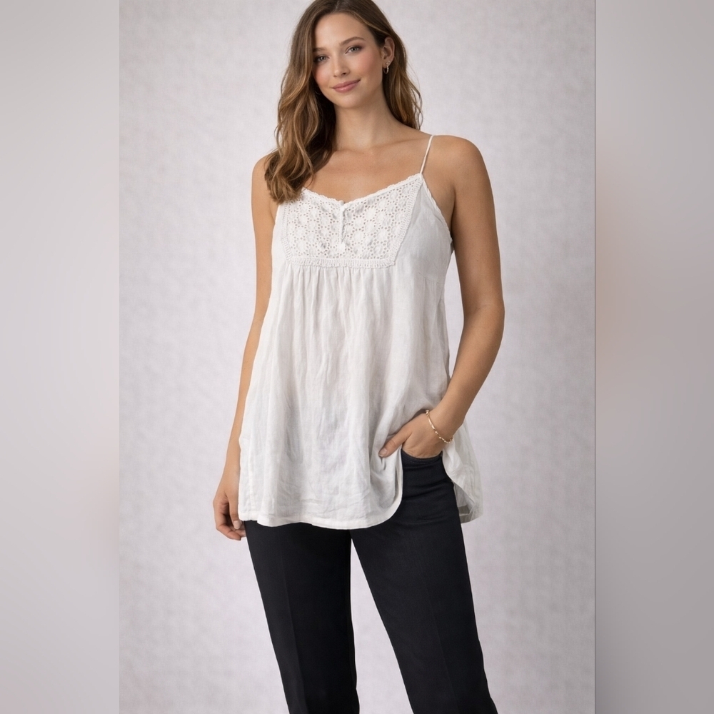 Vtg Oscar de la Renta Pink Label Eyelet Lace Cami Top | White Cotton | Size L